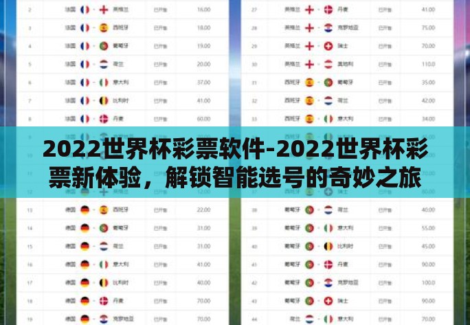 2022世界杯彩票软件-2022世界杯彩票新体验,解锁智能选号的奇妙之旅 2022世界杯彩票软件-2022世界杯彩票新体验,解锁智能选号的奇妙之旅