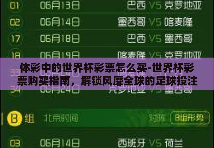体彩中的世界杯彩票怎么买-世界杯彩票购买指南，解锁风靡全球的足球投注妙招
