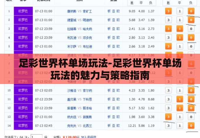 足彩世界杯单场玩法-足彩世界杯单场玩法的魅力与策略指南 足彩世界杯单场玩法-足彩世界杯单场玩法的魅力与策略指南